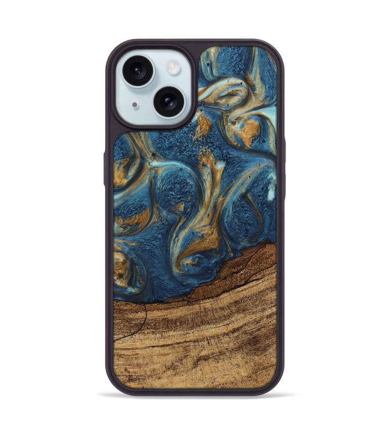 iPhone 15 Wood Phone Case - Lilia (Teal & Gold, 746596)