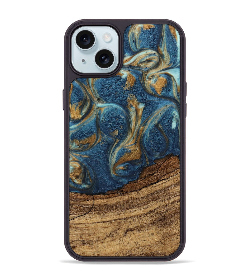 iPhone 15 Plus Wood Phone Case - Lilia (Teal & Gold, 746596)