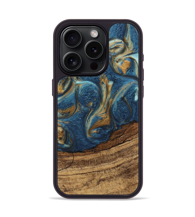 iPhone 15 Pro Wood Phone Case - Lilia (Teal & Gold, 746596)