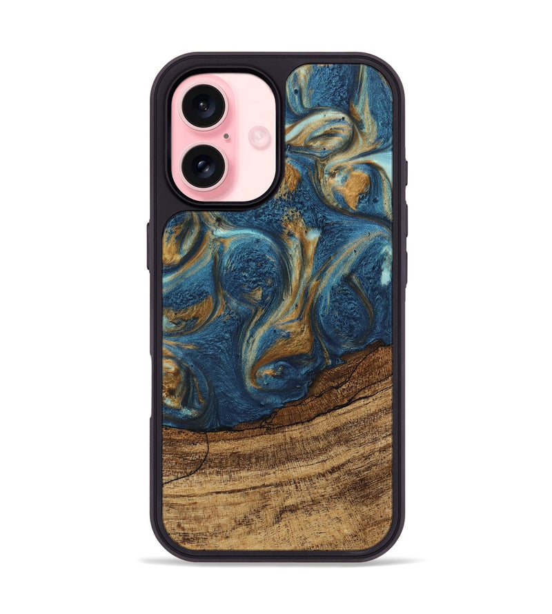 iPhone 16 Wood Phone Case - Lilia (Teal & Gold, 746596)