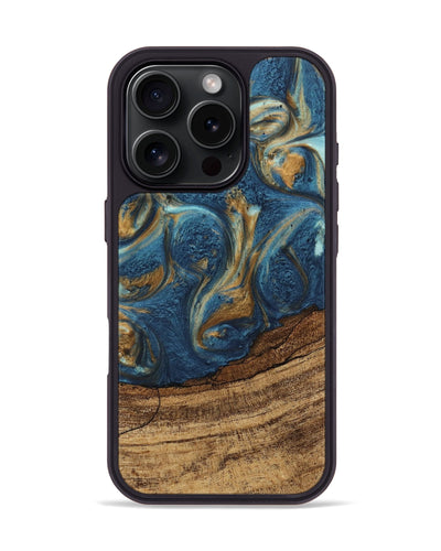 iPhone 16 Pro Wood Phone Case - Lilia (Teal & Gold, 746596)