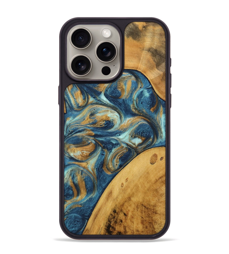 iPhone 15 Pro Max Wood Phone Case - Edmond (Teal & Gold, 746597)