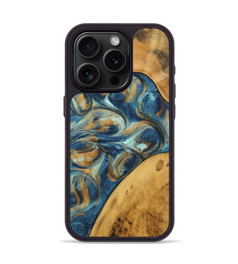 iPhone 15 Pro Wood Phone Case - Edmond (Teal & Gold, 746597)