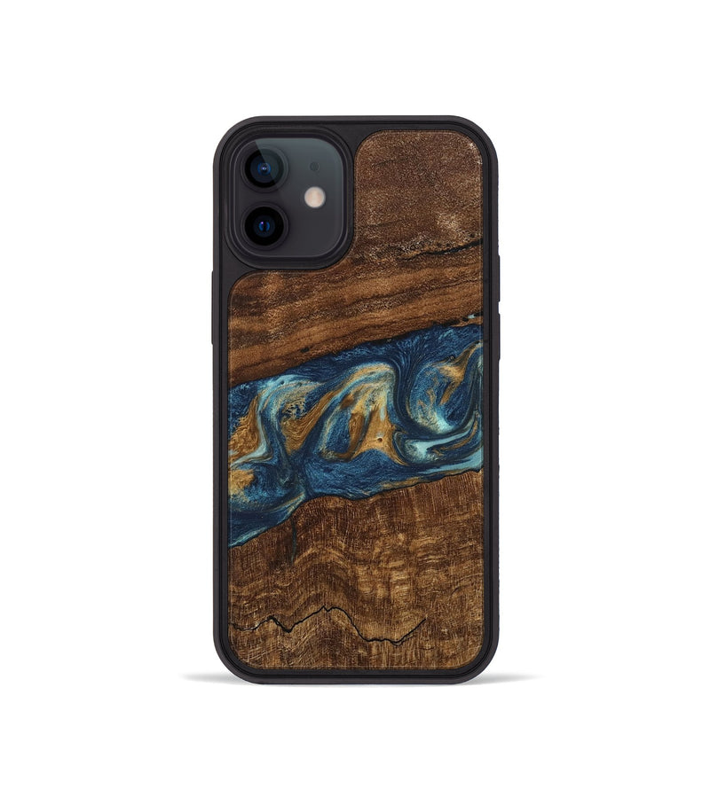 iPhone 12 mini Wood Phone Case - Novella (Teal & Gold, 746603)