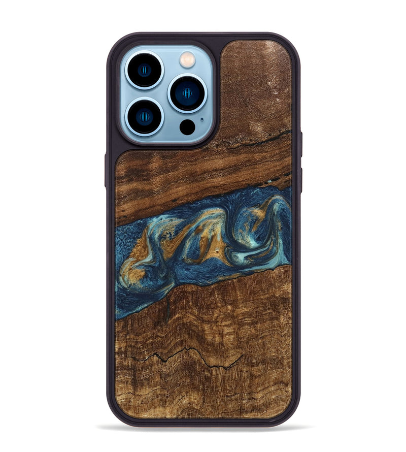 iPhone 14 Pro Max Wood Phone Case - Novella (Teal & Gold, 746603)