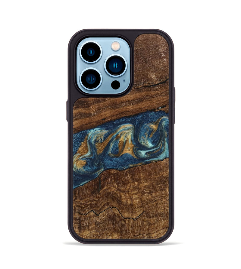 iPhone 14 Pro Wood Phone Case - Novella (Teal & Gold, 746603)