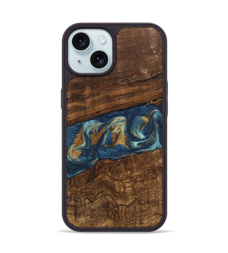 iPhone 15 Wood Phone Case - Novella (Teal & Gold, 746603)