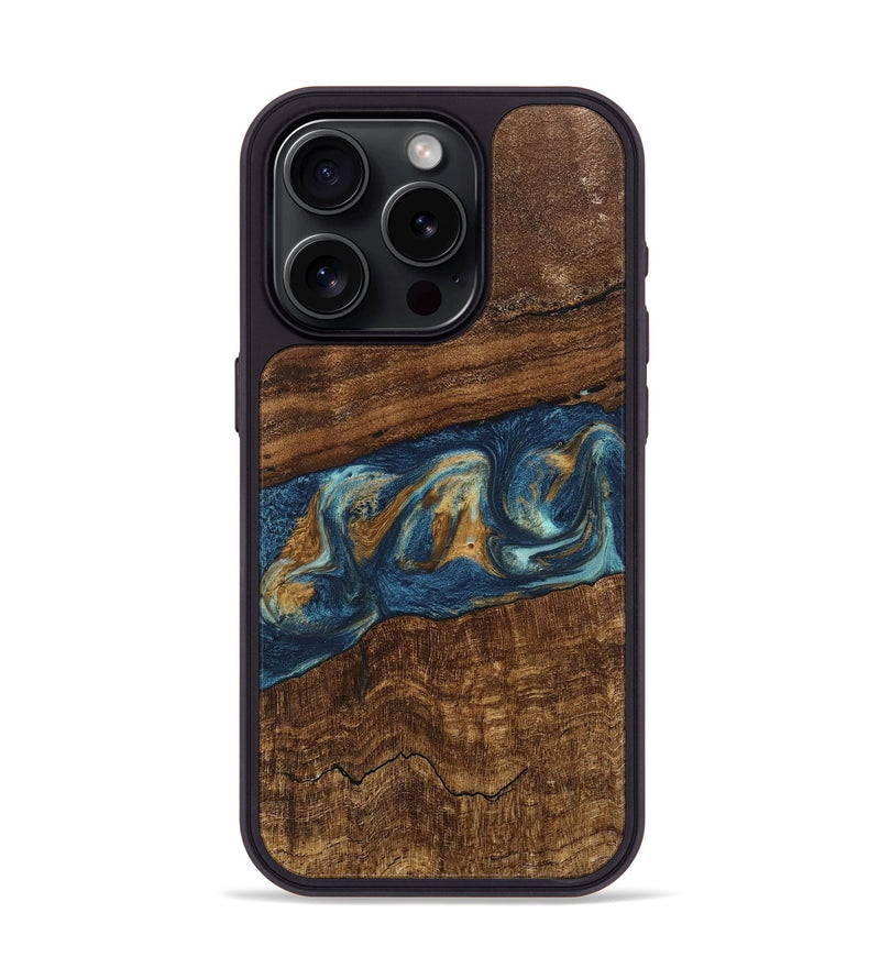 iPhone 15 Pro Wood Phone Case - Novella (Teal & Gold, 746603)