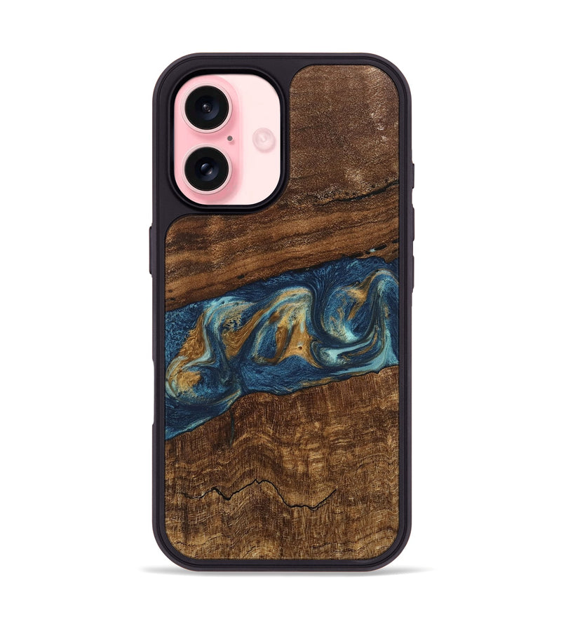 iPhone 16 Wood Phone Case - Novella (Teal & Gold, 746603)