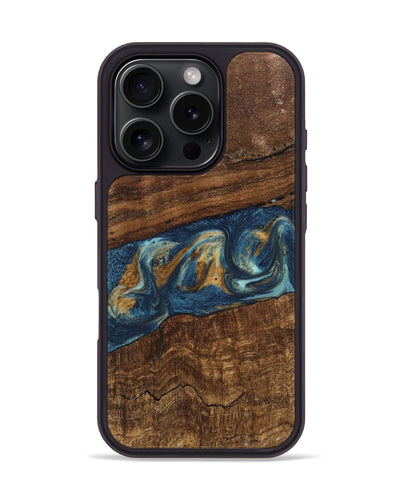 iPhone 16 Pro Wood Phone Case - Novella (Teal & Gold, 746603)