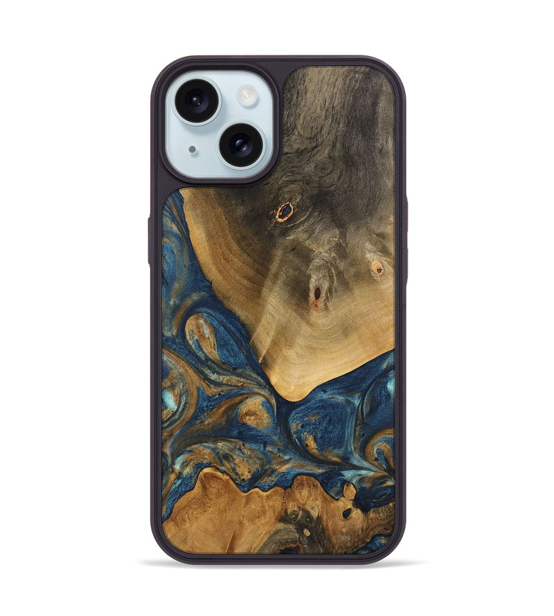 iPhone 15 Wood Phone Case - Kaiya (Teal & Gold, 746614)