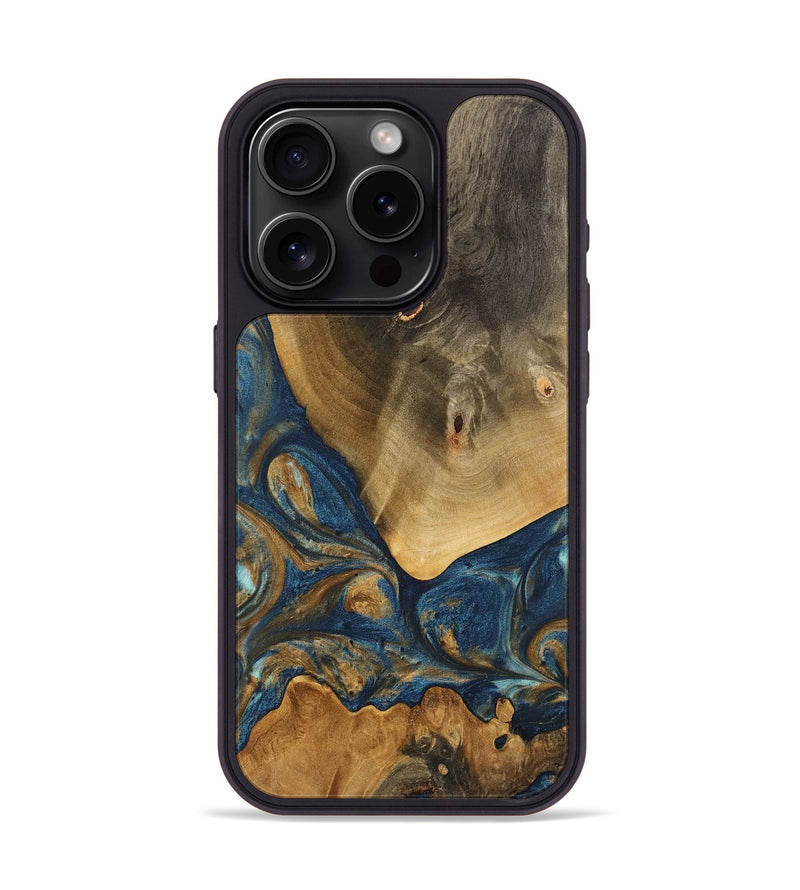 iPhone 15 Pro Wood Phone Case - Kaiya (Teal & Gold, 746614)