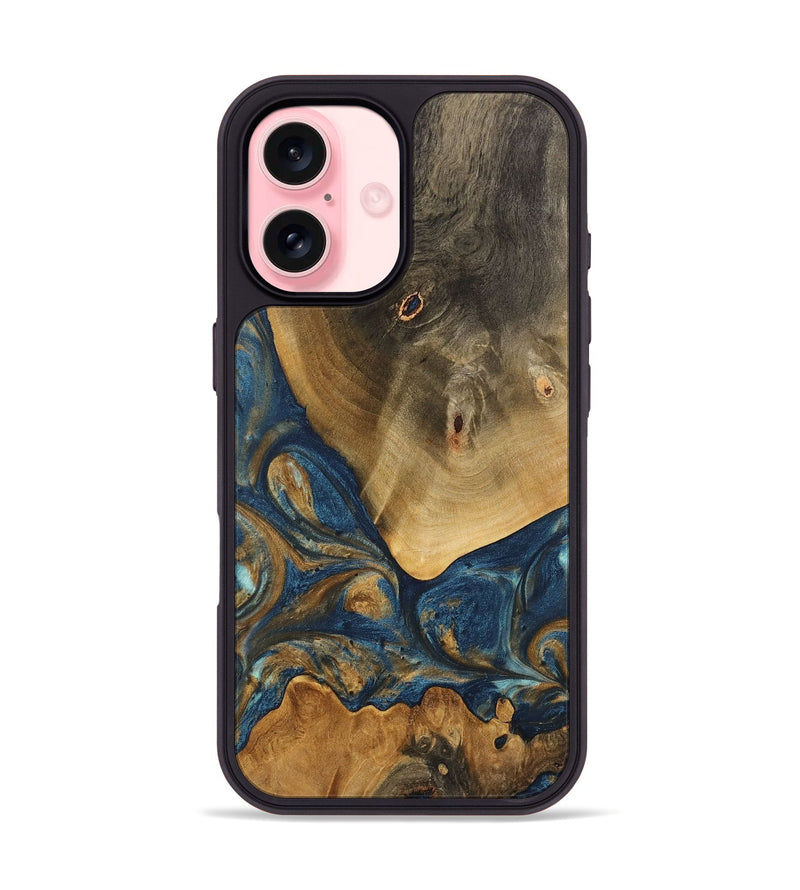 iPhone 16 Wood Phone Case - Kaiya (Teal & Gold, 746614)