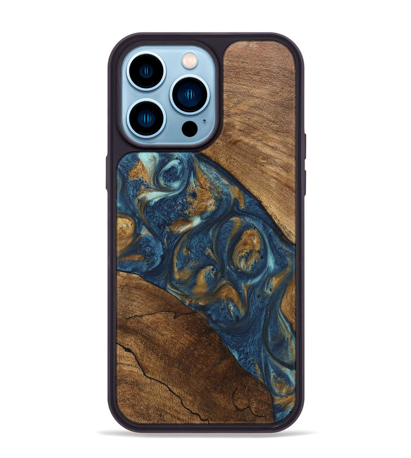 iPhone 14 Pro Max Wood Phone Case - Moriah (Teal & Gold, 746618)