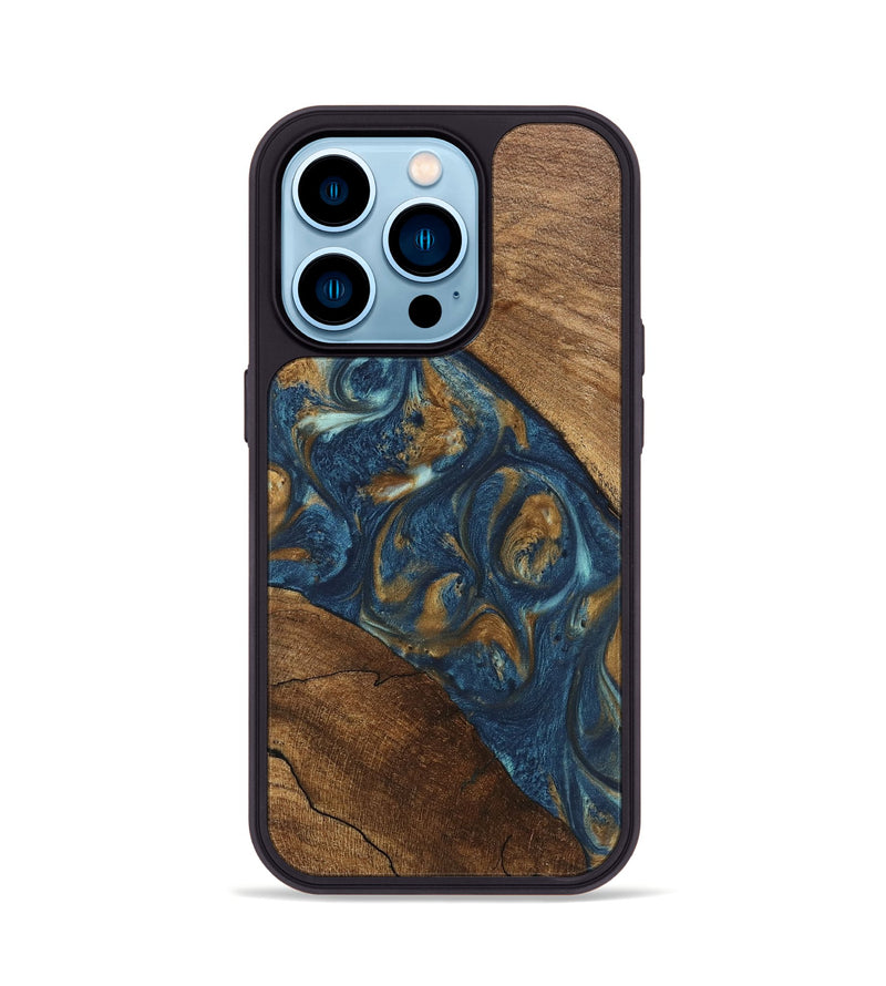 iPhone 14 Pro Wood Phone Case - Moriah (Teal & Gold, 746618)