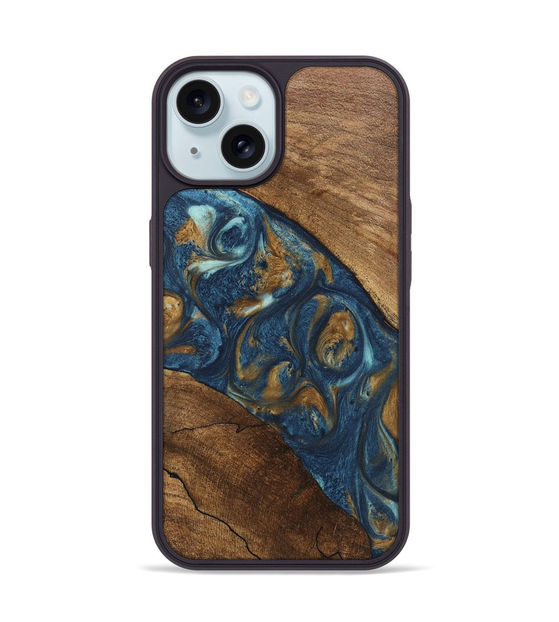 iPhone 15 Wood Phone Case - Moriah (Teal & Gold, 746618)