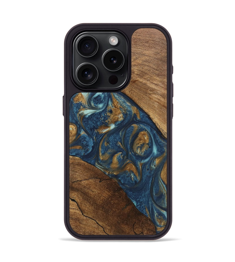 iPhone 15 Pro Wood Phone Case - Moriah (Teal & Gold, 746618)