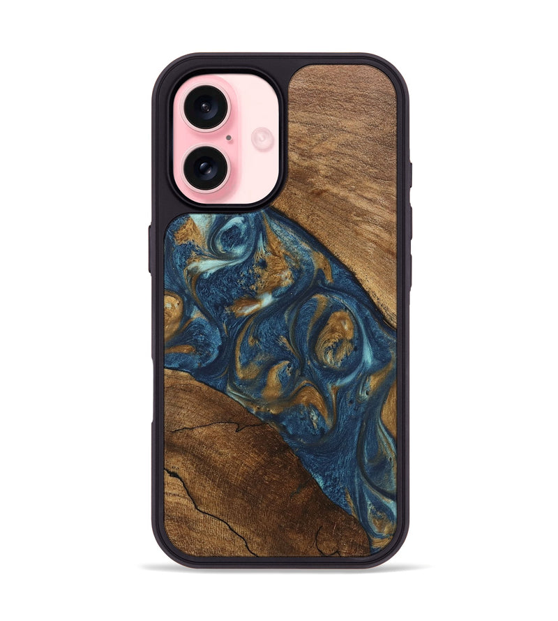 iPhone 16 Wood Phone Case - Moriah (Teal & Gold, 746618)