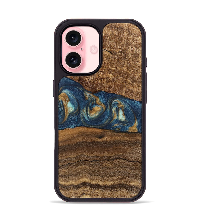 iPhone 16 Wood Phone Case - Kenley (Teal & Gold, 746619)