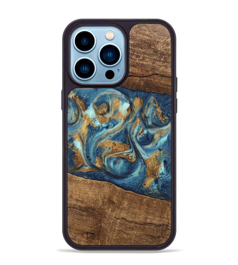 iPhone 14 Pro Max Wood Phone Case - Martin (Teal & Gold, 746620)