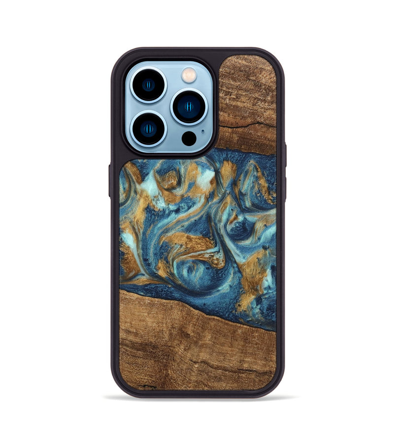 iPhone 14 Pro Wood Phone Case - Martin (Teal & Gold, 746620)