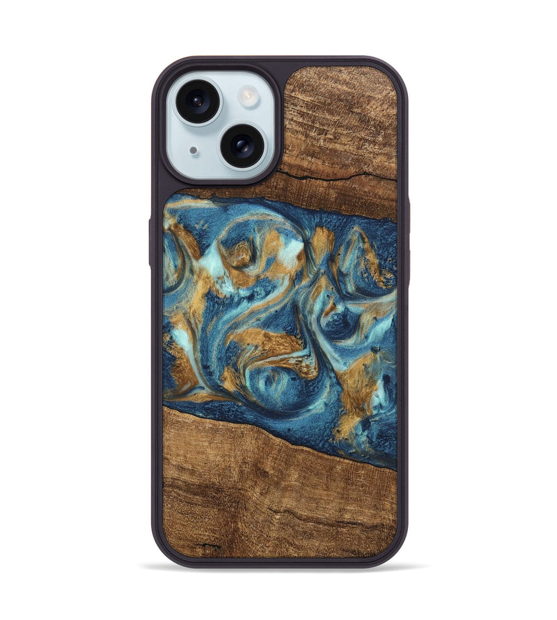 iPhone 15 Wood Phone Case - Martin (Teal & Gold, 746620)