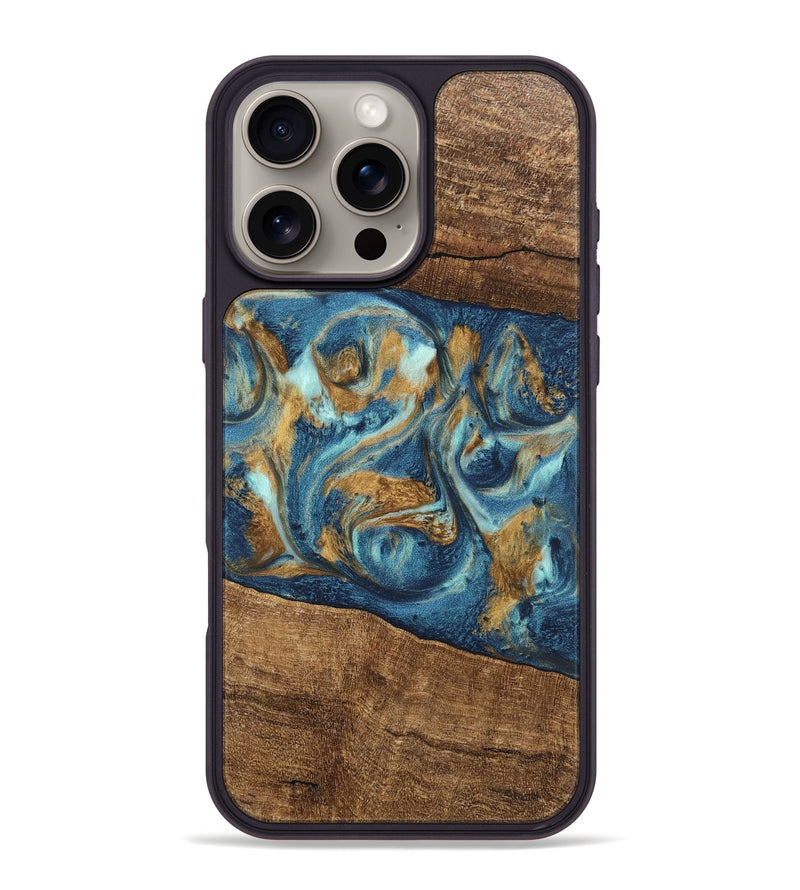 iPhone 16 Pro Max Wood Phone Case - Martin (Teal & Gold, 746620)