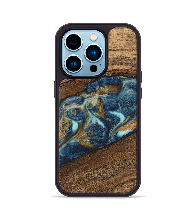 iPhone 14 Pro Wood Phone Case - Dax (Teal & Gold, 746621)