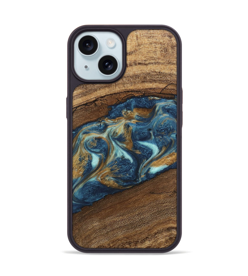 iPhone 15 Wood Phone Case - Dax (Teal & Gold, 746621)