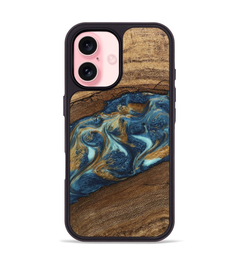 iPhone 16 Wood Phone Case - Dax (Teal & Gold, 746621)