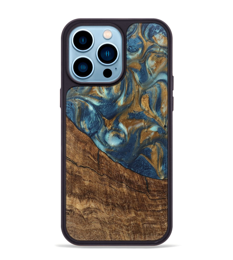 iPhone 14 Pro Max Wood Phone Case - Freddie (Teal & Gold, 746623)