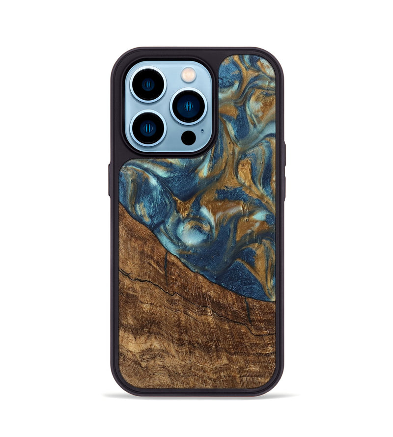 iPhone 14 Pro Wood Phone Case - Freddie (Teal & Gold, 746623)