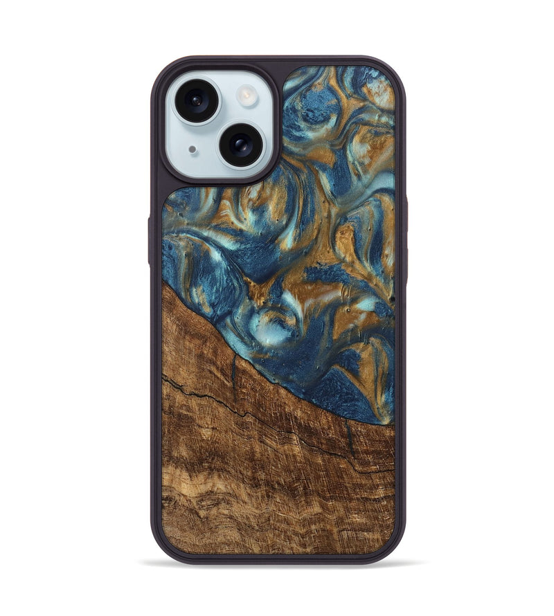 iPhone 15 Wood Phone Case - Freddie (Teal & Gold, 746623)