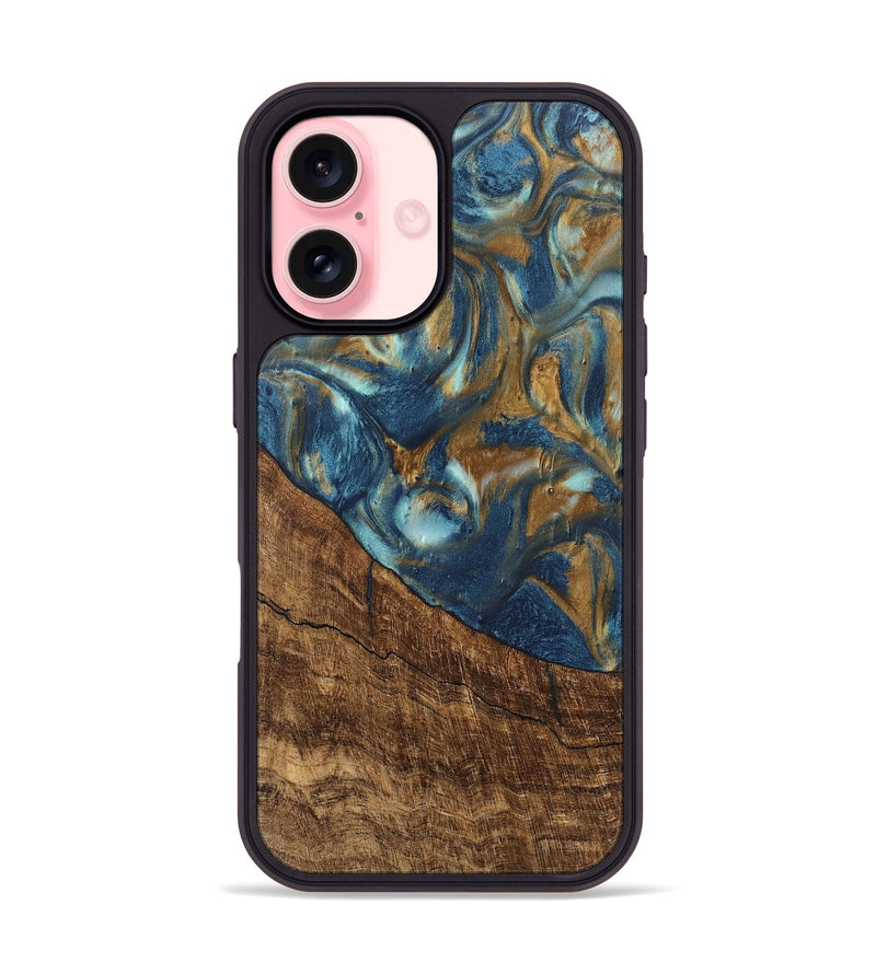 iPhone 16 Wood Phone Case - Freddie (Teal & Gold, 746623)