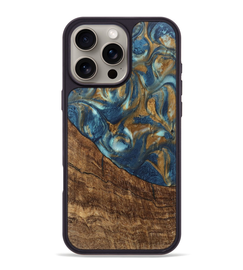 iPhone 16 Pro Max Wood Phone Case - Freddie (Teal & Gold, 746623)