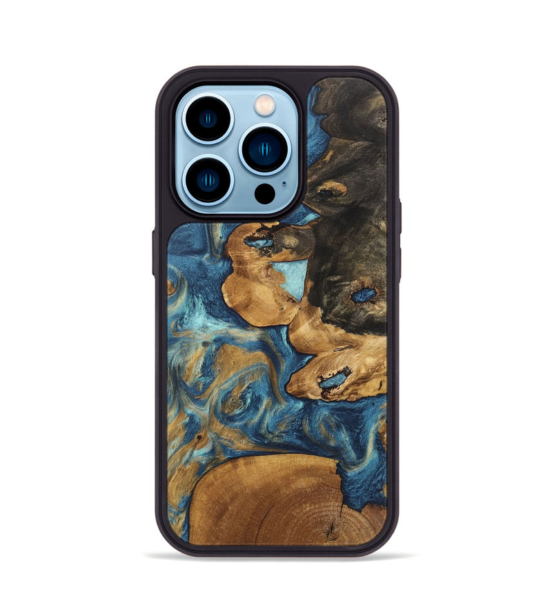 iPhone 14 Pro Wood Phone Case - Diamond (Teal & Gold, 746638)