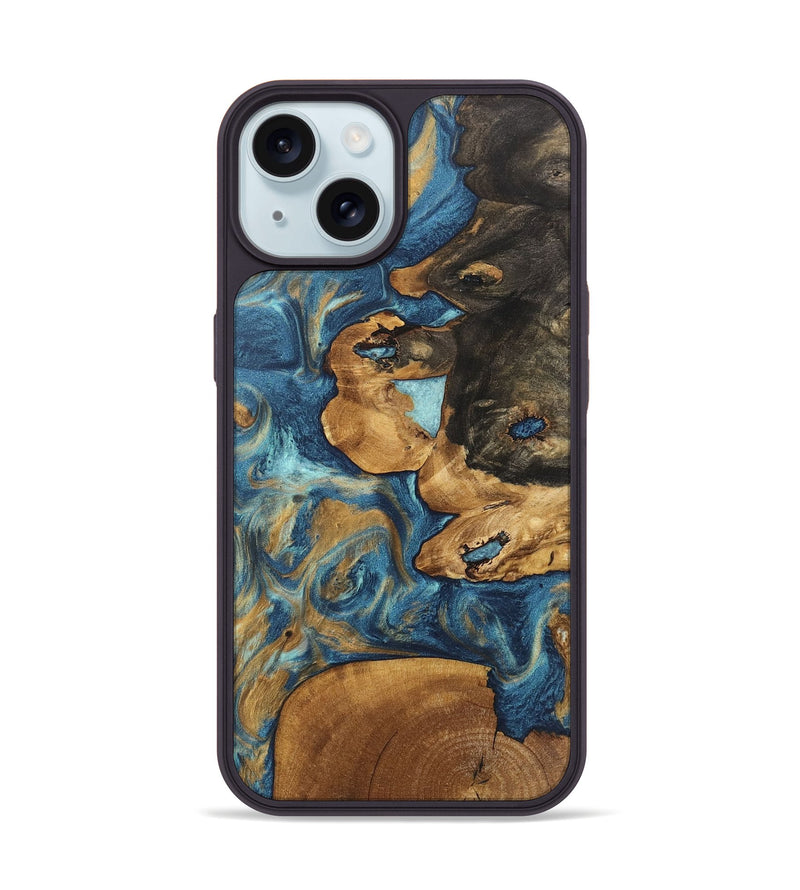 iPhone 15 Wood Phone Case - Diamond (Teal & Gold, 746638)