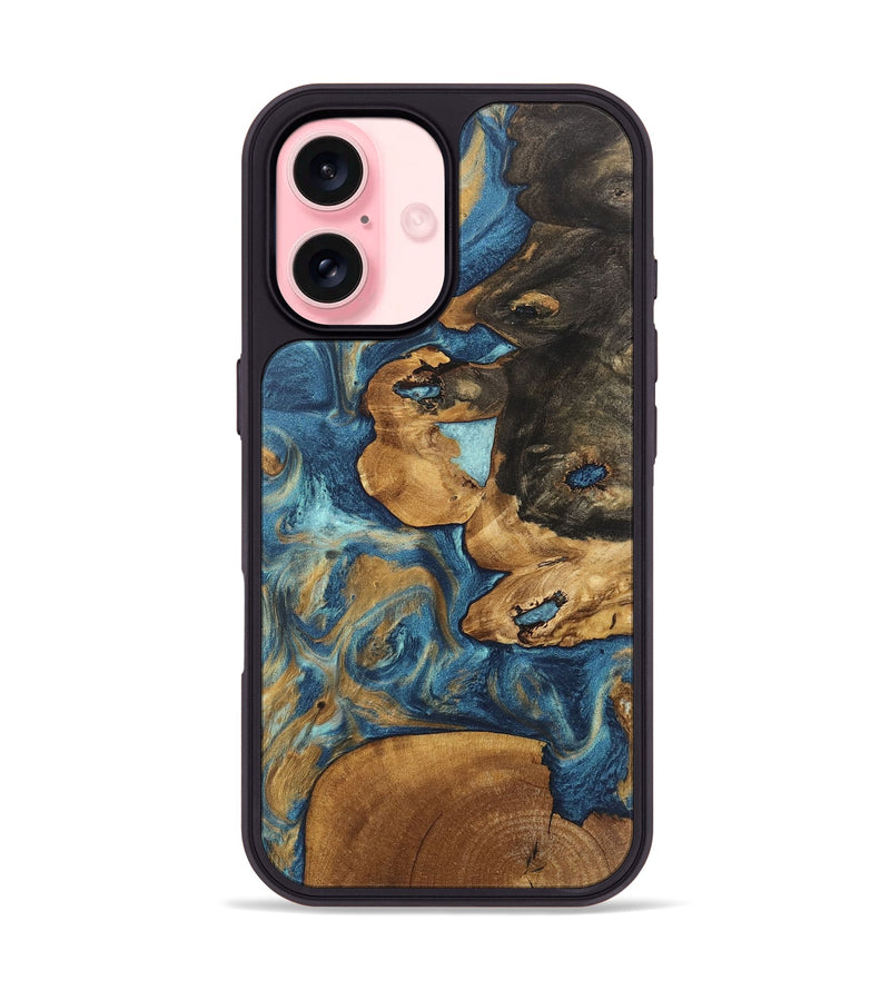 iPhone 16 Wood Phone Case - Diamond (Teal & Gold, 746638)