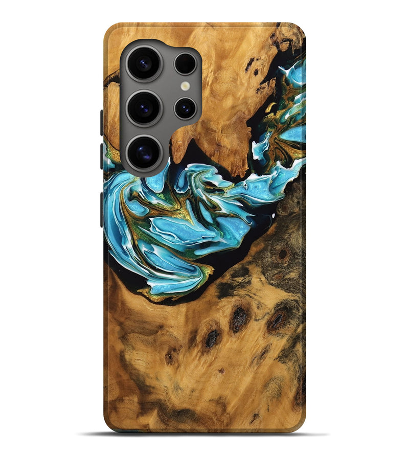 Galaxy S25 Ultra Wood Live Edge Phone Case - Nikole (Teal & Gold, 746806)