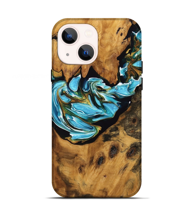 iPhone 13 Wood Live Edge Phone Case - Nikole (Teal & Gold, 746806)