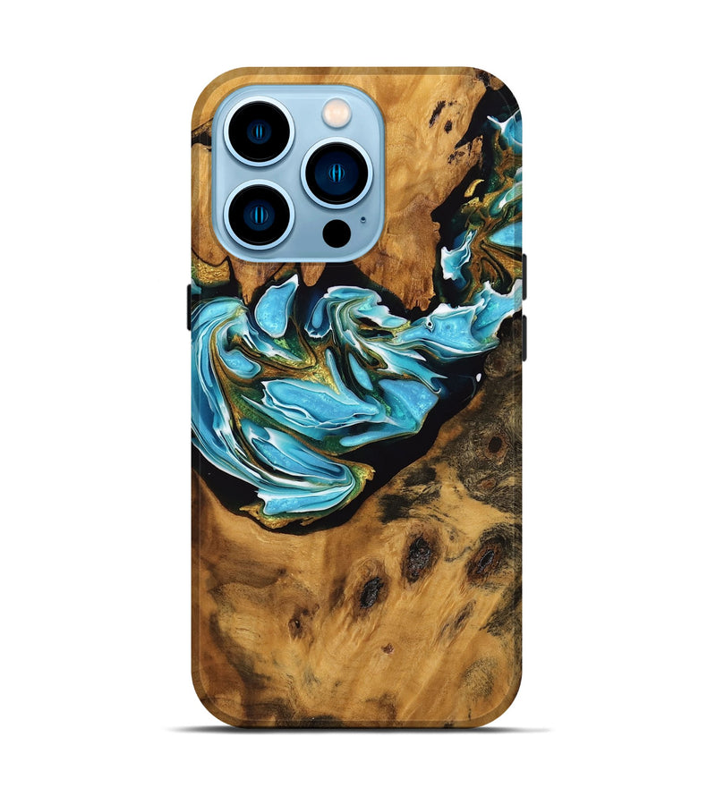 iPhone 14 Pro Wood Live Edge Phone Case - Nikole (Teal & Gold, 746806)