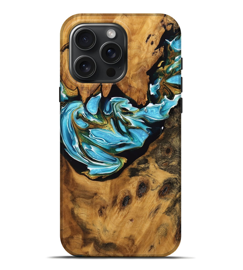 iPhone 16 Pro Max Wood Live Edge Phone Case - Nikole (Teal & Gold, 746806)