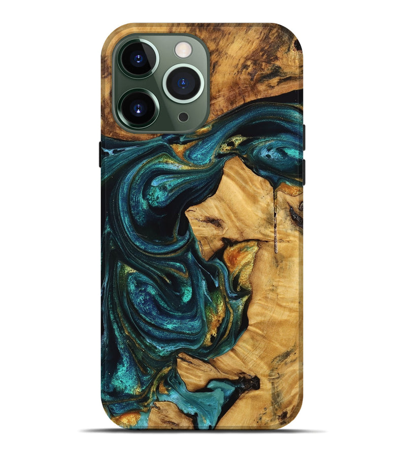 iPhone 13 Pro Max Wood Live Edge Phone Case - Dionne (Teal & Gold, 746811)