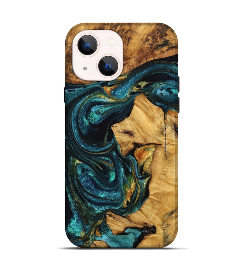 iPhone 14 Wood Live Edge Phone Case - Dionne (Teal & Gold, 746811)