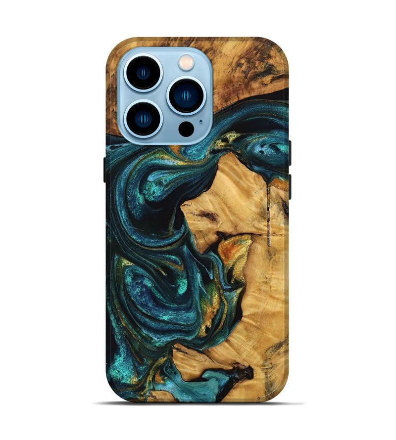 iPhone 14 Pro Wood Live Edge Phone Case - Dionne (Teal & Gold, 746811)