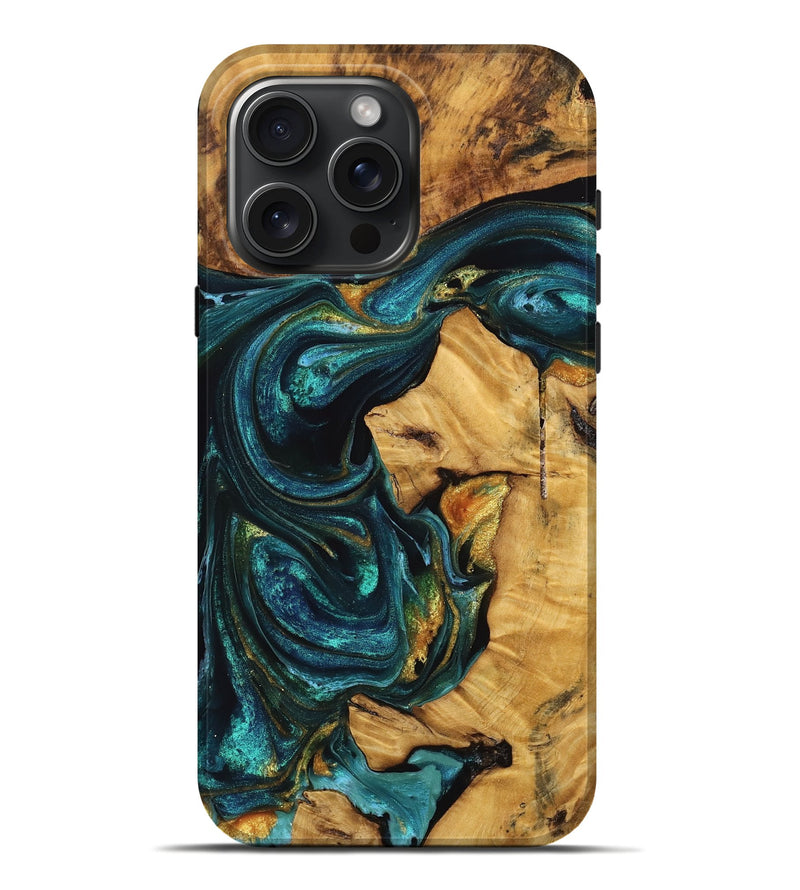 iPhone 16 Pro Max Wood Live Edge Phone Case - Dionne (Teal & Gold, 746811)