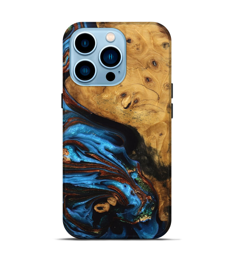 iPhone 14 Pro Wood Live Edge Phone Case - Don (Teal & Gold, 746812)