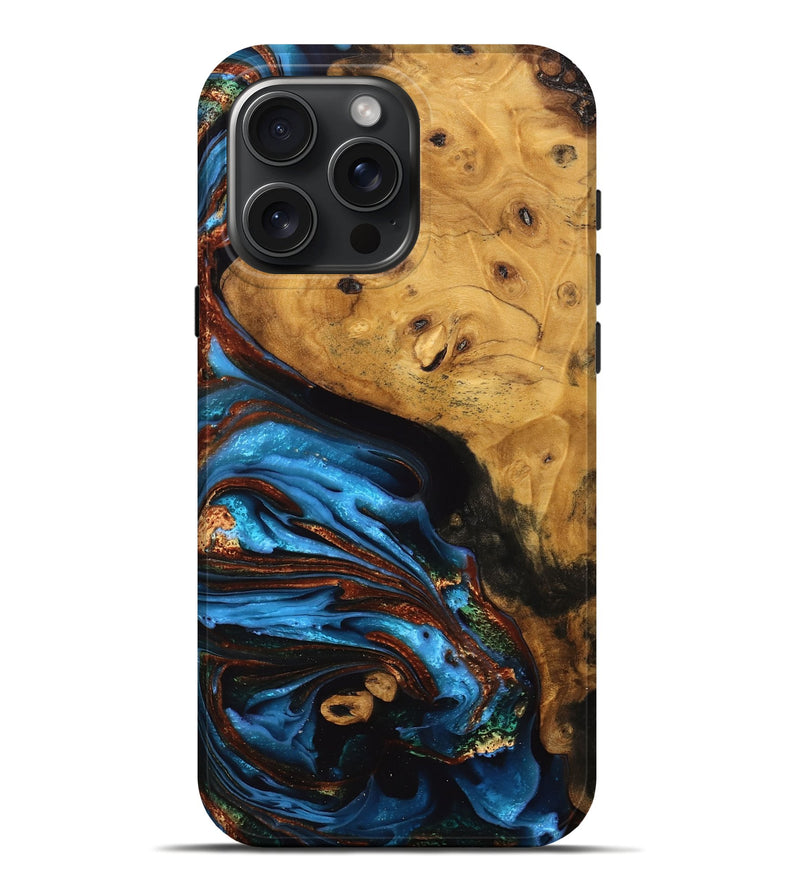 iPhone 16 Pro Max Wood Live Edge Phone Case - Don (Teal & Gold, 746812)