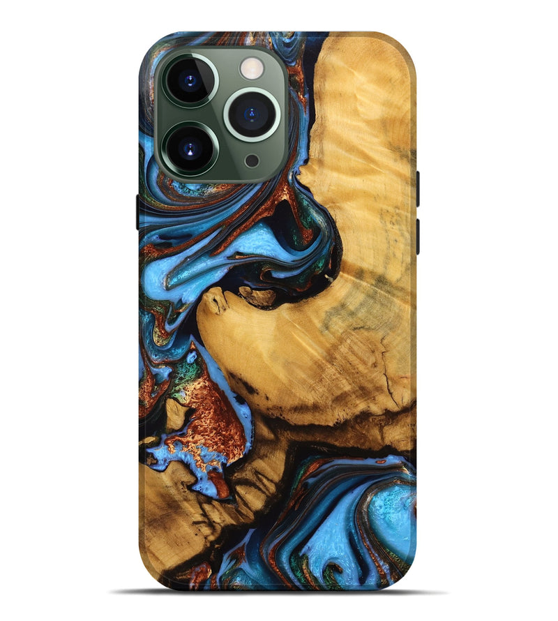 iPhone 13 Pro Max Wood Live Edge Phone Case - Rubin (Teal & Gold, 746814)