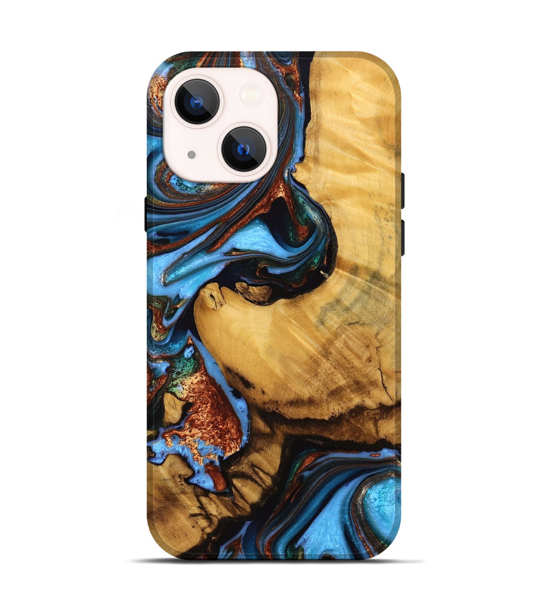 iPhone 14 Wood Live Edge Phone Case - Rubin (Teal & Gold, 746814)